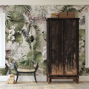 Tropical Nature with Monstera Leaves In a Dark Jungle Background Wallpaper, Peel and Stick Green Leaves Wallpaper, Nature Walpaper