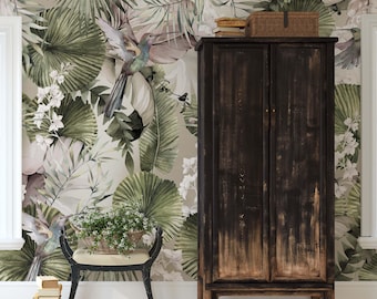 Tropical Nature with Monstera Leaves In a Dark Jungle Background Wallpaper, Peel and Stick Green Leaves Wallpaper, Nature Walpaper