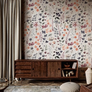 Peel and Stick Floral Wall Mural  | Watercolor Wild Floral Wallpaper | Little Floral with Grass Wallpaper | Flowers Wall Mural Tradinational