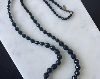 Vintage 30" Miriam Haskell Graduated Faceted Black Crystal Bead Necklace