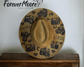 Camel Color Rancher-Style Hat — Vintage Camera Design - Laser Engraved Vegan Suede Hat