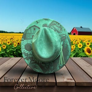 Youth Vegan Suede Rancher Hat: Laser Engraved Farm Design