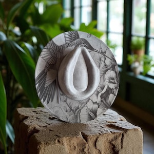 Vegan Suede Wide Brim Hat: Hummingbird Floral Design, Adjustable Fit