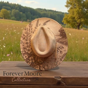 Khaki Wide Brim Rancher Hat with Laser Engraved Wildflowers
