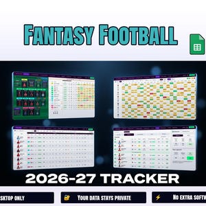 Peut inclure: Un tableur numérique de suivi Fantasy Football 2026-27 affiché sur quatre écrans. L'interface présente des tableaux, des statistiques de joueurs et des grilles codées par couleur. Le texte inclut Fantasy Football et 2026-27 Tracker.