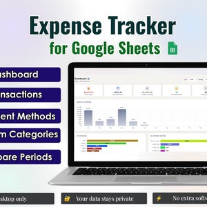 Expense Tracker for Google Sheets | Monthly and Yearly Spending | Compare Periods | Categories | Charts | Dark & Light Theme