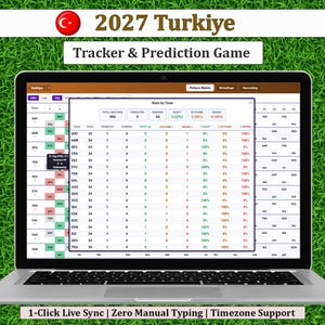 以下が含まれることがあります： 2027 Turkiye Tracker & Prediction Gameソフトウェアのインターフェースを表示するノートパソコン。画面には、チーム別の詳細な統計表が表示されており、合計試合数、予測、終了した試合、結果のパーセンテージなどがグリッド形式で記載されています。