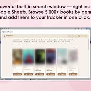 Book Tracker Google Sheets template with built-in library of 5000+ books. Features custom search window with genre filters, one-click add to wishlist, reading statistics dashboard, habit tracker, and 5 color themes including Classic, Dark, Rose, Forest, and Neon.