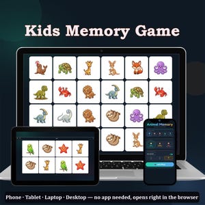 May include: A digital memory game for kids, featuring animal illustrations. The game is displayed on a laptop, tablet, and smartphone. The text "Kids Memory Game" is at the top, and "Animal Memory" is on the phone screen. The game is accessible on multiple devices.