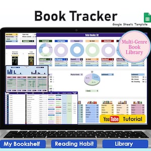 May include: A laptop screen displaying a "Book Tracker" spreadsheet template. The interface shows data visualizations, including pie charts and bar graphs, with the text "Multi-Genre Book Library" and "YouTube Tutorial". The bottom of the screen has the text "My Bookshelf", "Reading Habit", and "Library".