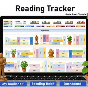 May include: A laptop screen displaying a "Reading Tracker" template. The screen shows a bookshelf layout with book titles and progress bars. Decorative items like plants and figurines are placed around the laptop.