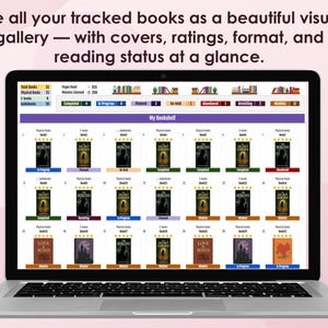 Book Tracker Google Sheets template with built-in library of 5000+ books. Features custom search window with genre filters, one-click add to wishlist, reading statistics dashboard, habit tracker, and 5 color themes including Classic, Dark, Rose, Forest, and Neon.
