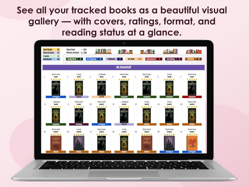 Book Tracker Google Sheets template with built-in library of 5000+ books. Features custom search window with genre filters, one-click add to wishlist, reading statistics dashboard, habit tracker, and 5 color themes including Classic, Dark, Rose, Forest, and Neon.