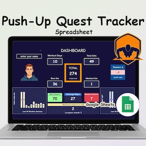 Puede incluir: Una computadora portátil muestra una hoja de cálculo "Push-Up Quest Tracker". El panel muestra datos de entrenamiento, incluyendo el total de flexiones, series y detalles de la sesión. La interfaz incluye gráficos y un icono de Google Sheets.