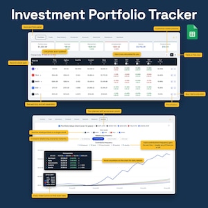May include: An Investment Portfolio Tracker digital spreadsheet interface featuring two main views. The top section displays a detailed stock table with columns for ticker, price, quantity, and gain. The bottom section shows a line chart for portfolio value over ten years with various data labels and interactive tooltips.