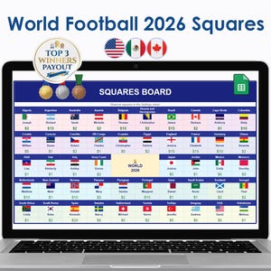 May include: A laptop screen displays a "World Football 2026 Squares" game board. The board features country flags, names, and dollar amounts. The top of the screen shows the flags of the USA, Mexico, and Canada. The words "Top 3 Winners Payout" are also visible.