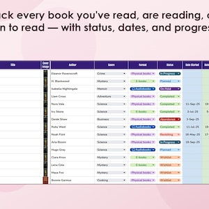 Book Tracker Google Sheets template with built-in library of 5000+ books. Features custom search window with genre filters, one-click add to wishlist, reading statistics dashboard, habit tracker, and 5 color themes including Classic, Dark, Rose, Forest, and Neon.