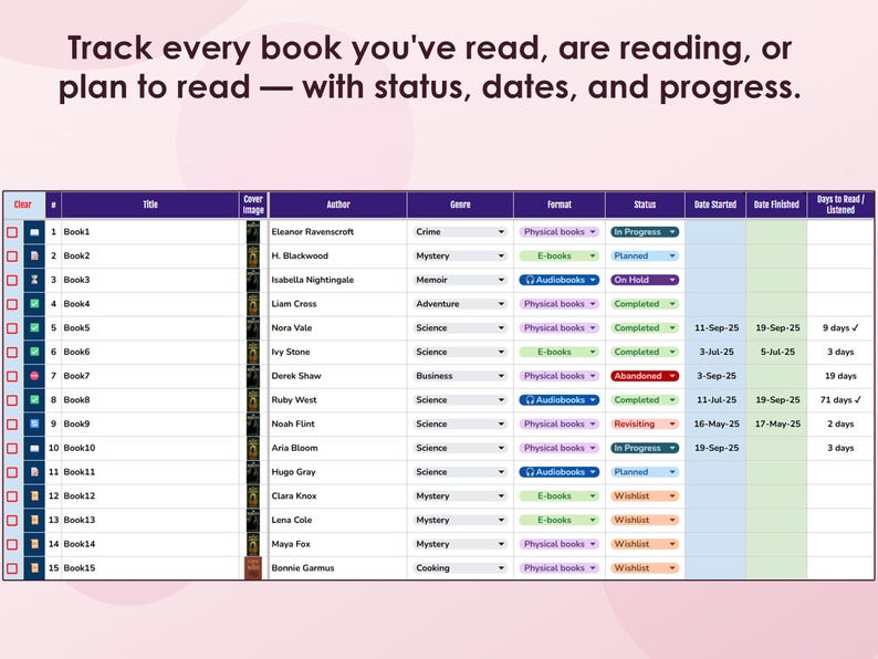 Book Tracker Google Sheets template with built-in library of 5000+ books. Features custom search window with genre filters, one-click add to wishlist, reading statistics dashboard, habit tracker, and 5 color themes including Classic, Dark, Rose, Forest, and Neon.