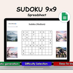 May include: A laptop screen shows a Sudoku 9x9 spreadsheet with the text "SUDOKU 9x9 Spreadsheet". The screen displays a medium difficulty Sudoku puzzle. The words "Automatic generation", "Difficulty Selection", and "Easy-To-Use" are displayed.