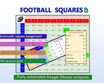 Hoja de cálculo de cuadrados de fútbol: Apuestas de partido importante, cuadrícula automatizada (descarga digital)