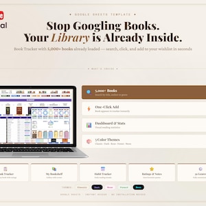Book Tracker Google Sheets template with built-in library of 5000+ books. Features custom search window with genre filters, one-click add to wishlist, reading statistics dashboard, habit tracker, and 5 color themes including Classic, Dark, Rose, Forest, and Neon.
