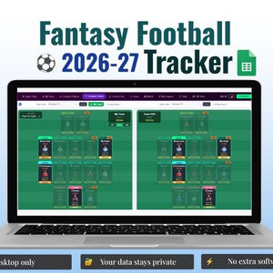 May include: A laptop displaying a Fantasy Football 2026-27 Tracker interface on its screen. The software features a green field layout with player cards, team comparison tools, and navigation menus. The text Fantasy Football 2026-27 Tracker is visible above the screen, accompanied by a soccer ball icon and a spreadsheet icon.