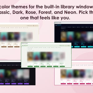 Book Tracker Google Sheets template with built-in library of 5000+ books. Features custom search window with genre filters, one-click add to wishlist, reading statistics dashboard, habit tracker, and 5 color themes including Classic, Dark, Rose, Forest, and Neon.