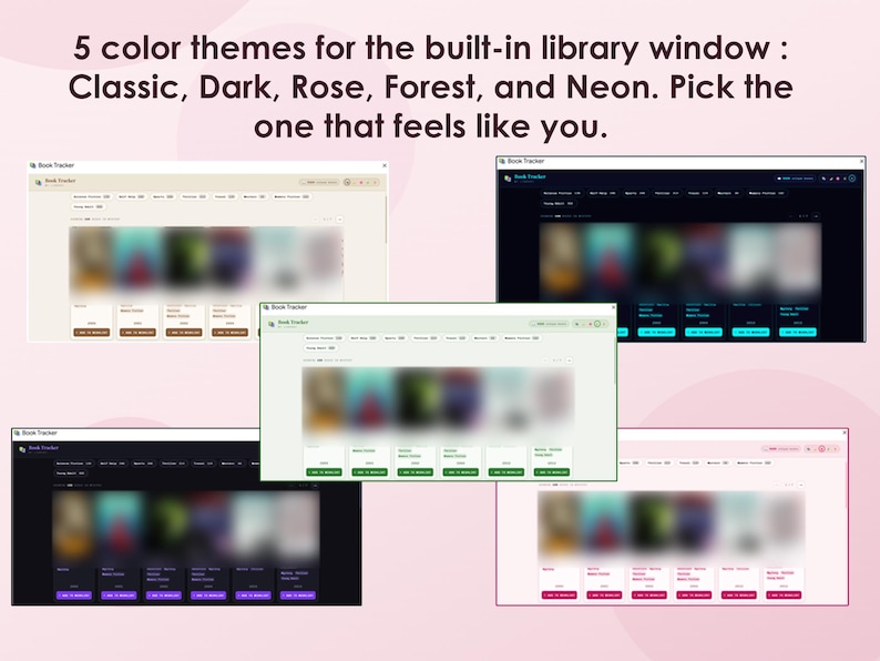 Book Tracker Google Sheets template with built-in library of 5000+ books. Features custom search window with genre filters, one-click add to wishlist, reading statistics dashboard, habit tracker, and 5 color themes including Classic, Dark, Rose, Forest, and Neon.