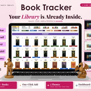May include: A laptop screen displays a book tracker interface with book covers and star ratings. The text reads "Book Tracker" and "Your Library is Already Inside." Decorative figurines of a man with a lantern and a dragon flank the laptop.