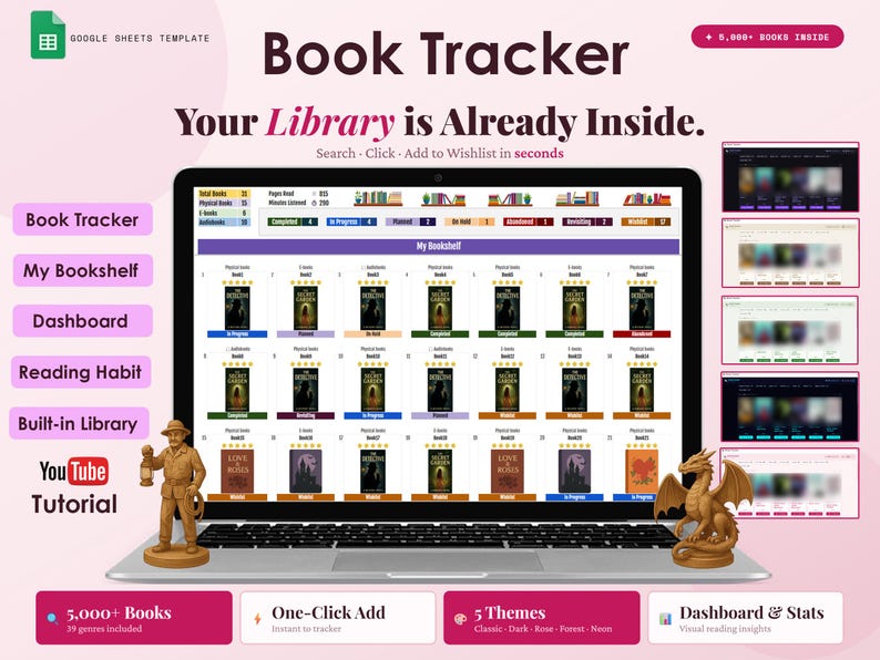 Book Tracker Google Sheets template with built-in library of 5000+ books. Features custom search window with genre filters, one-click add to wishlist, reading statistics dashboard, habit tracker, and 5 color themes including Classic, Dark, Rose, Forest, and Neon.