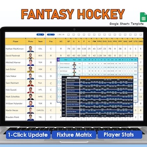 May include: A laptop displaying a fantasy hockey spreadsheet. The screen shows player stats, including goals, assists, and penalty minutes. The words "FANTASY HOCKEY" are at the top, with buttons for "1-Click Update", "Fixture Matrix", and "Player Stats".