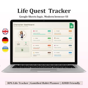 May include: A silver laptop displaying a "Life Quest Tracker" interface. The screen shows a character dashboard with progress bars and the text "Character Dashboard." The text "RPG Life Tracker | Gamified Habit Planner | ADHD Friendly" is at the bottom.