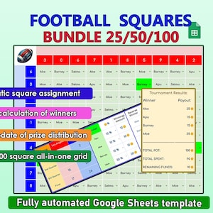 Football Squares Spreadsheet. Bundle 100, 50, 25. All-in-one grid. Big Game Pool, Automated Grid. Google Sheets (Digital Download)