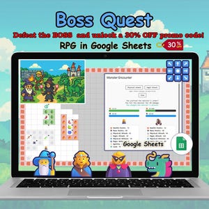 May include: A laptop screen shows a pixelated RPG game interface titled "Boss Quest." The screen displays a game map, character icons, and a monster encounter screen. Text includes "Defeat the BOSS and unlock a 30% OFF promo code!" and "RPG in Google Sheets."