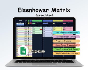 Hoja de cálculo de Google con matriz de Eisenhower / Planificador de tareas / Lista de tareas pendientes / Rastreador de productividad / Organizador de prioridades / Priorización de tareas