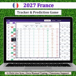 May include: A laptop screen displaying the 2027 France Tracker & Prediction Game interface. The screen shows a detailed stats table by team, a fixture matrix, and a pop-up window with match predictions, outcomes, and percentages for various teams.