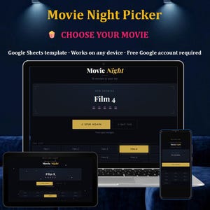 Pode incluir: Um Movie Night Picker digital exibido em um laptop, tablet e smartphone. O texto "Movie Night Picker" e "Choose Your Movie" estão no topo. A tela do laptop mostra "Film 4" e opções para girar ou pular.