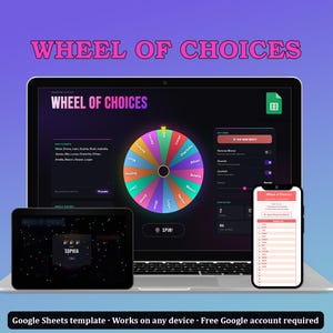 May include: A laptop, tablet, and smartphone display a "Wheel of Choices" game interface. The laptop screen shows a colorful spinning wheel with names. The tablet displays a name, and the phone shows a list. Text at the top reads "WHEEL OF CHOICES".