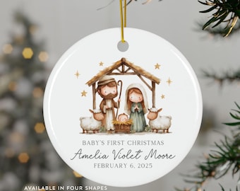 Personalisierte Babys erste Weihnachtsverzierung, religiöse Krippe 2-seitige Verzierung, benutzerdefinierter Name und Datum, Jungen-Mädchen christliches Andenken-Geschenk