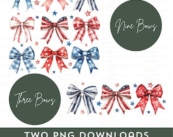 Patriotic Bows PNG Clipart, Coquette Sublimation Bundle, America 4th of July Red White Blue, USA Flag Ribbon DTF T-Shirts Americana Digital