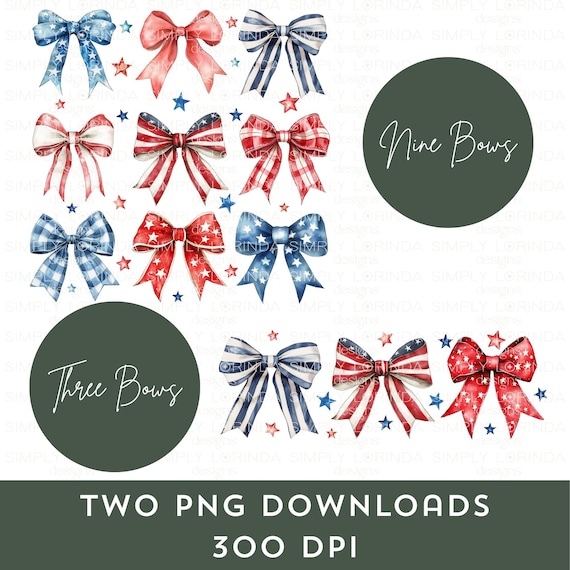 Patriotic Bows PNG Clipart, Coquette Sublimation Bundle, America 4th of July Red White Blue, USA Flag Ribbon DTF T-Shirts Americana Digital