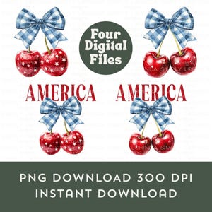 America Cherry PNG, 4 juli sublimatiebundel, clipart patriottische ster kersen, rood wit blauw geruite geruite strik, T-shirt afbeelding VS