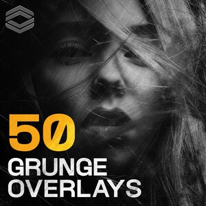 May include: A black and white photo of a woman's face with her hair covering part of her face. The text "50 GRUNGE OVERLAYS" is in yellow on a black background.
