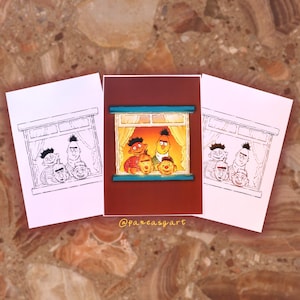 May include: Three greeting cards featuring illustrations of characters in a window scene. The central card is in color, with the window frame in blue and the characters in warm tones. The other two cards are black and white line drawings of the same scene. The artist's name, @pameasgart, is visible.