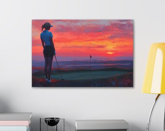 Lienzo estirado, decoración de pared de golf, regalo de golf, impresión artística, decoración de golfista al atardecer, regalo para amantes del golf, arte de golfista, arte de campo de golf