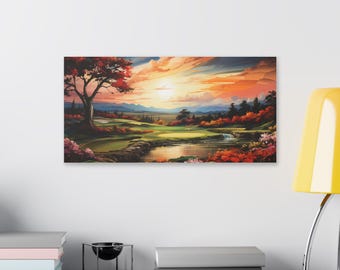Lienzo de golf con atardecer otoñal, pintura con paisaje de lago y árbol, hermosa pintura de campo de golf, arte de regalo de golf, decoración de pared para golfista, idea de golf