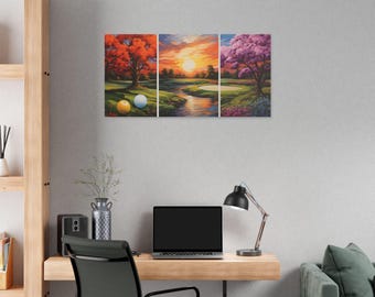 Lienzo tríptico de campo de golf al atardecer, decoración de golf, lienzo de campo de golf, cuadro de pared de golf, regalo de golf, arte de golf, pintura de golf