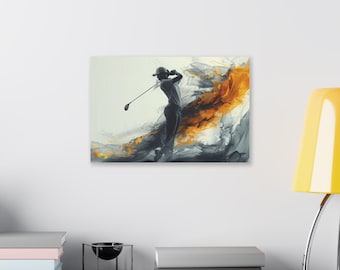 Lienzo con silueta de swing de golf, arte mural, humo naranja abstracto, arte de golf, regalo de golf, decoración de golf, pintura de golf
