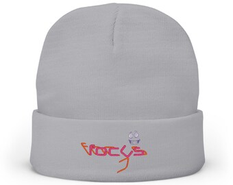 Gorro de lana, gorro de punto con cara sonriente morada, texto de grafiti lindo bordado, accesorios de moda de invierno, gorro hipster, regalo para