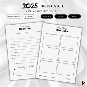 Cartes de résolution imprimables pour le Nouvel an 2025, réflexions et objectifs, page de planificateur d'objectifs annuels, carte de résolution de nouvel an minimaliste